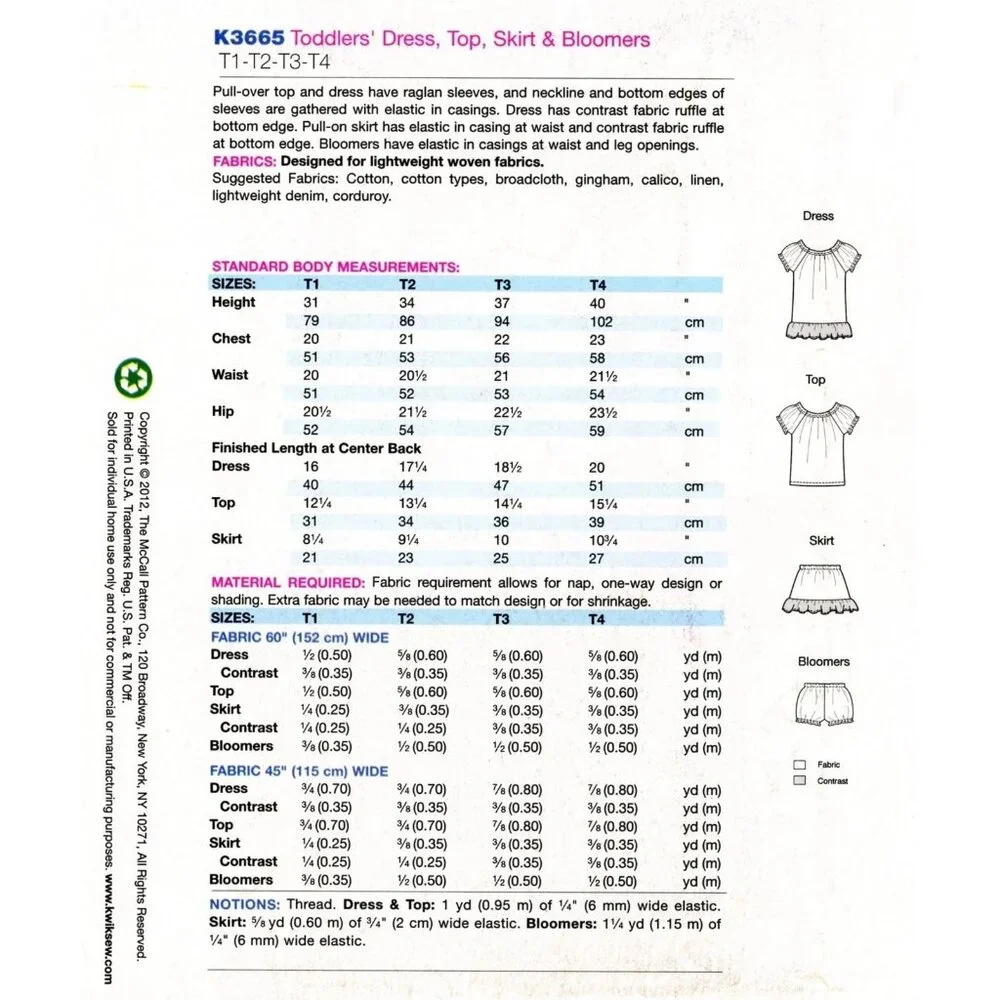 Kwik Sew K3665 Toddlers Dress Top Skirt & Bloomers‎ Sewing Pattern T1-T4 Sizes